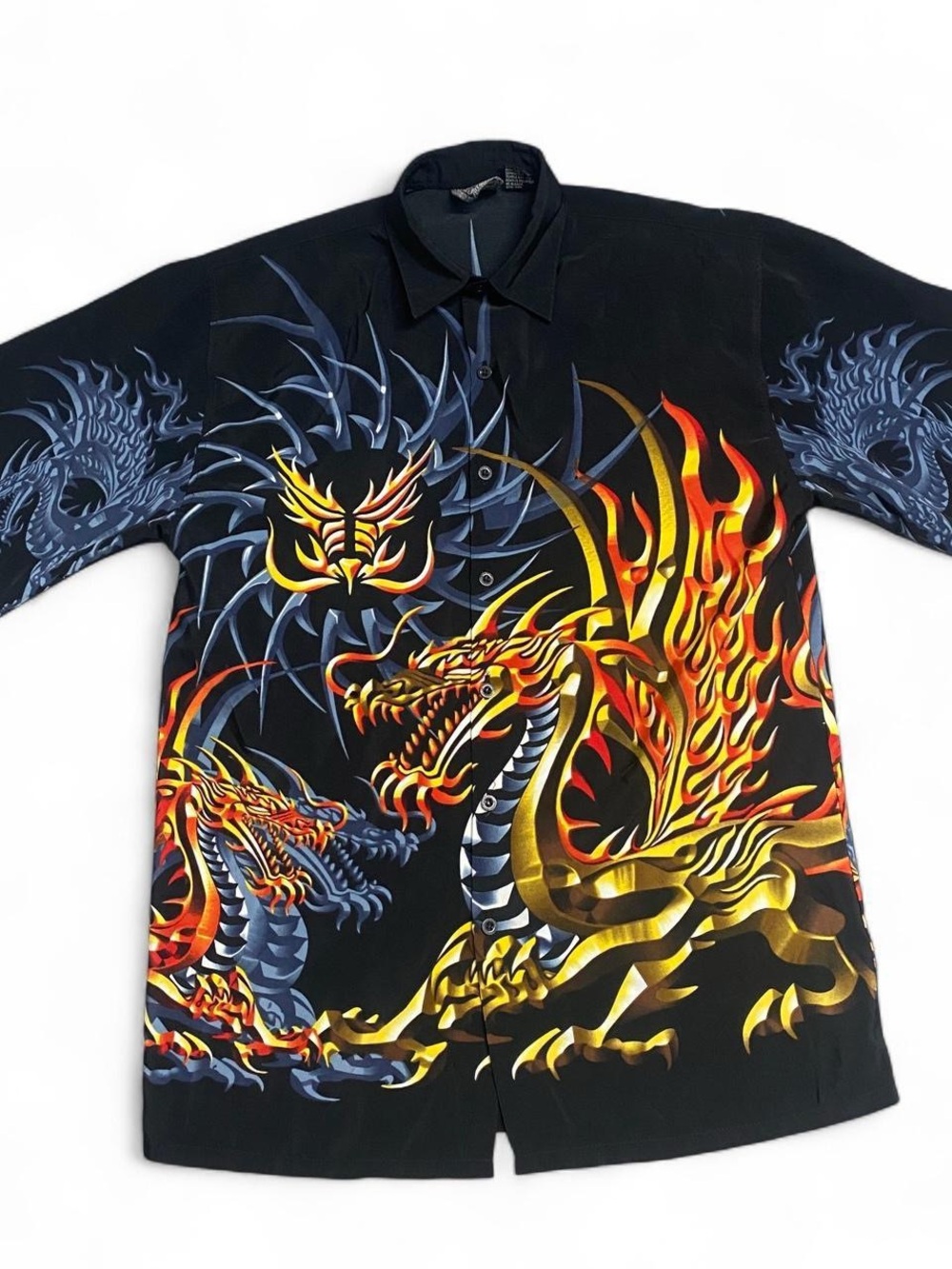 Y2K Dragon Button Up Shirt Korean Made Black Flame Dragon